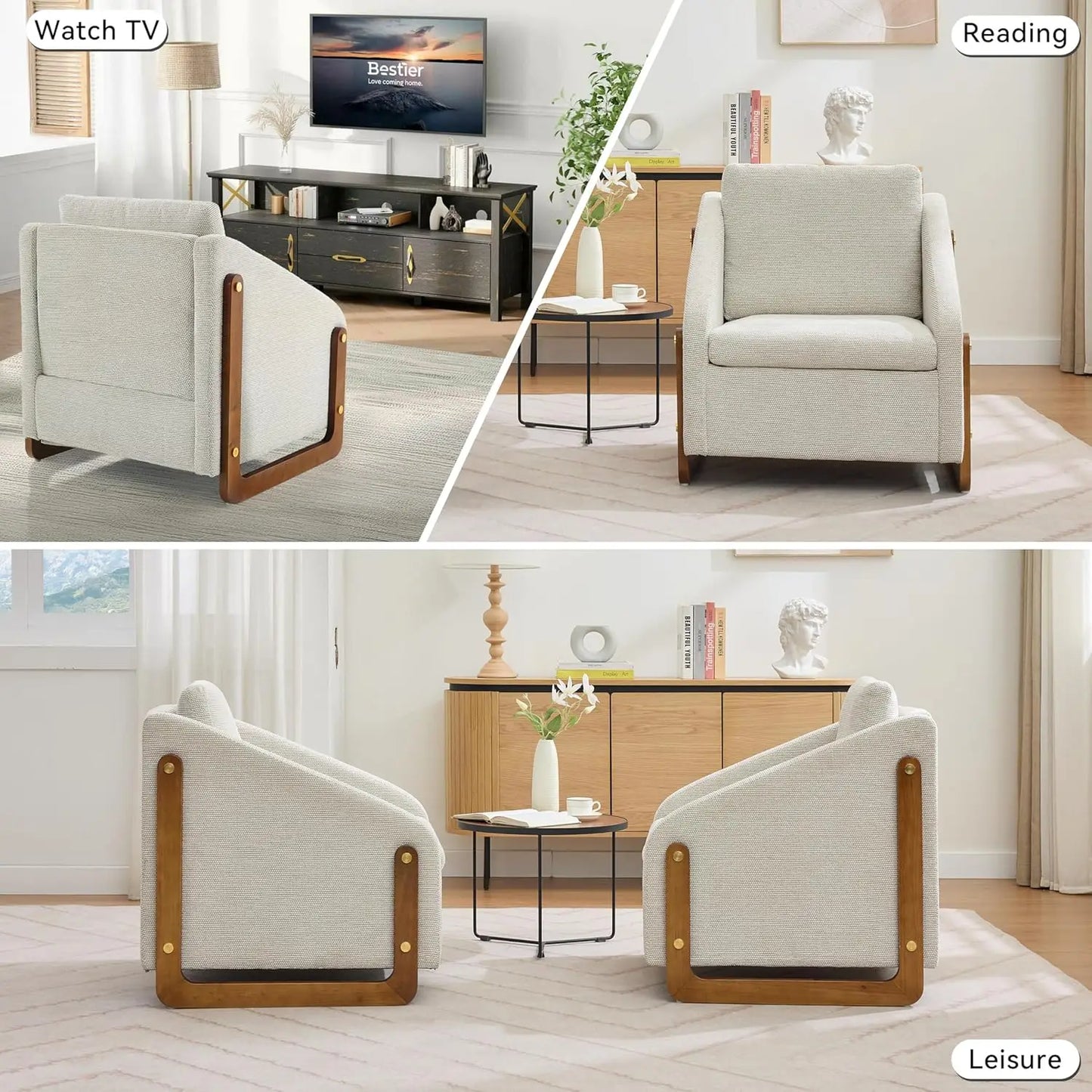 Chenille Fabric Chair w/ Wooden Side Frame, Comfortable Lounge