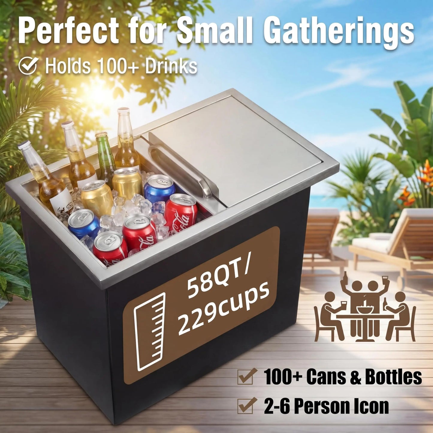 Large 58qt Capacity Stainless Ice Bin with Lid & Drain-Pipe
