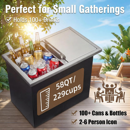 Large 58qt Capacity Stainless Ice Bin with Lid & Drain-Pipe