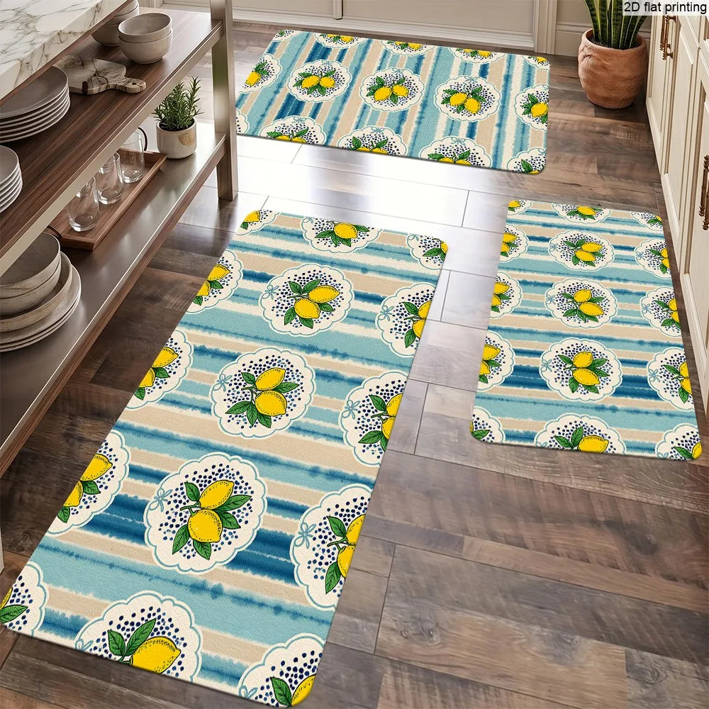 Fresh Lemon Stripe Print, Non-Slip and Water-Absorbent Foot Mat