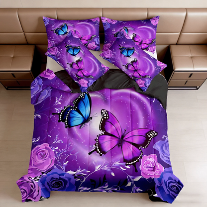 2/3pcs Purple Butterfly Rose Print Comforter Sets