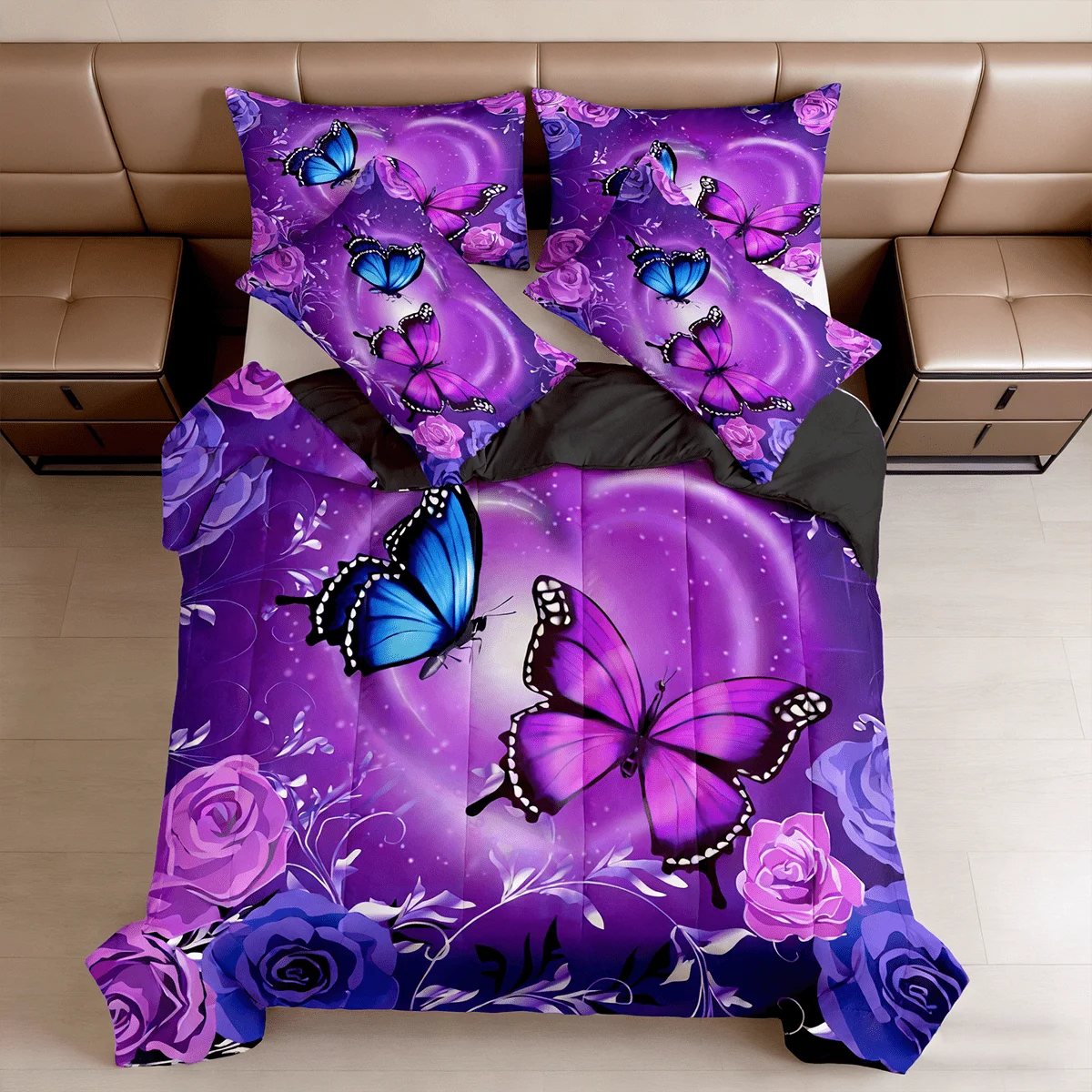 2/3pcs Purple Butterfly Rose Print Comforter Sets