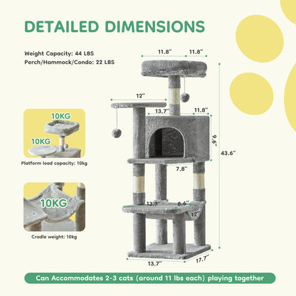 44" Stable Multi-Cat Climbing Tower, Scratching Posts, Beds