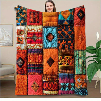 Vibrant Ethnic Bohemian Patchwork Quilt, Floral Flannel Blanket