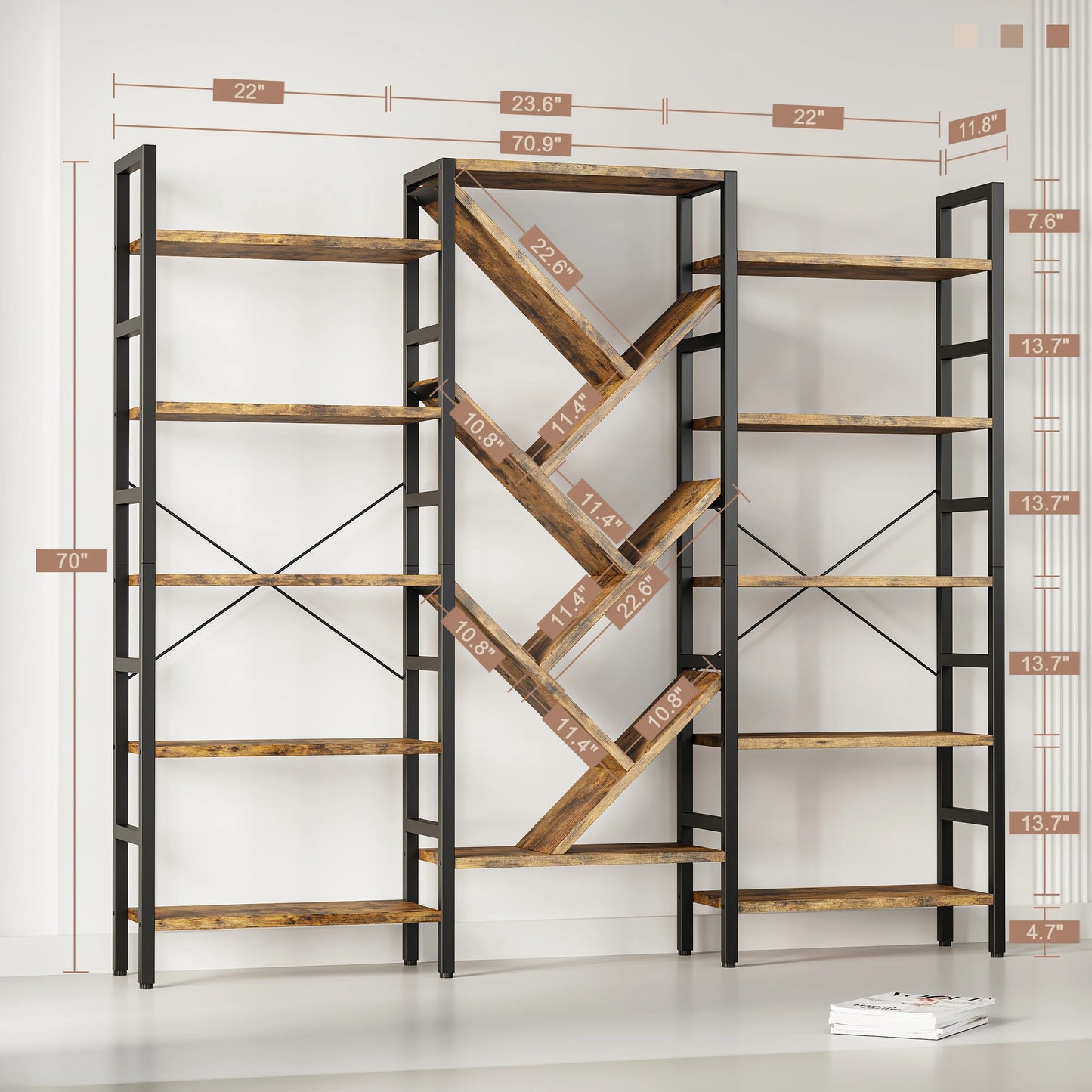 5 Tier Large Wooden Bookcase with 17 Open Display Shelves