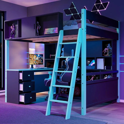 Full Wood Gaming Loft, Bed, Desk, Storage Shelves, LED, Charging