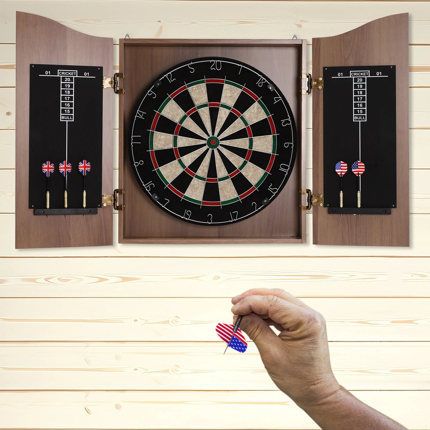 Classic Wall-Mounted Dartboard Cabinet, Set W/6* Darts