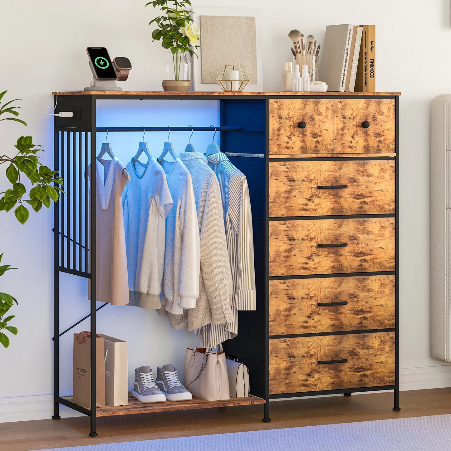 Reversible 6 Drawers Hanging Rack Dresser w/LED, USB