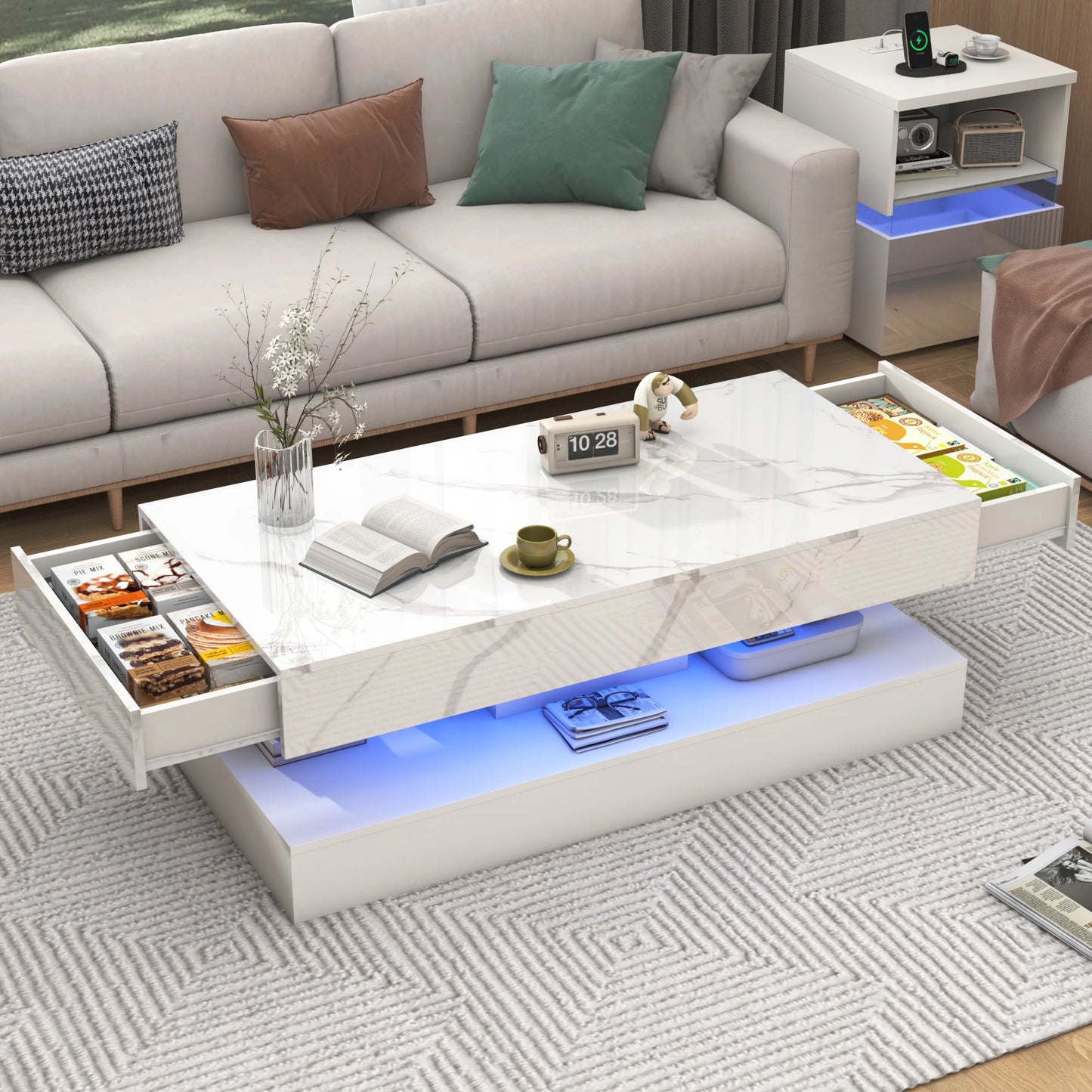 Double-Layer Stylish Coffee Table w/LED Lights