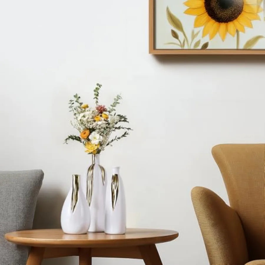 Ceramic Vase 3 Pcs Set, White and Gold Vases