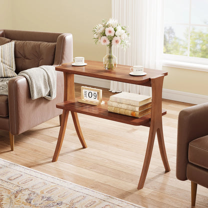 Walnut Side Table with 2-Tier Storage Shelf and Solid Wood Legs