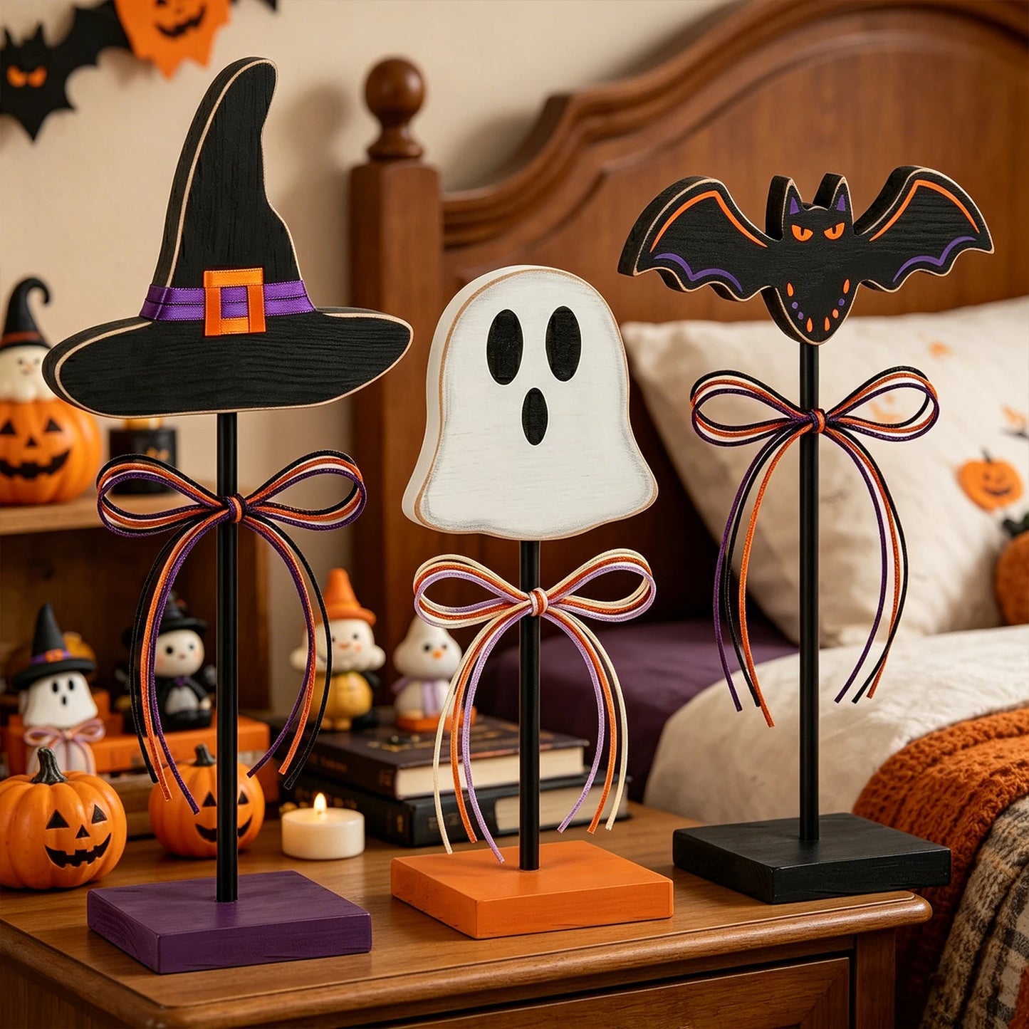 Halloween 3pc Assorted Ornaments Set, Wooden Tabletop, Witch Hat, Ghost, Bat with Ribbon