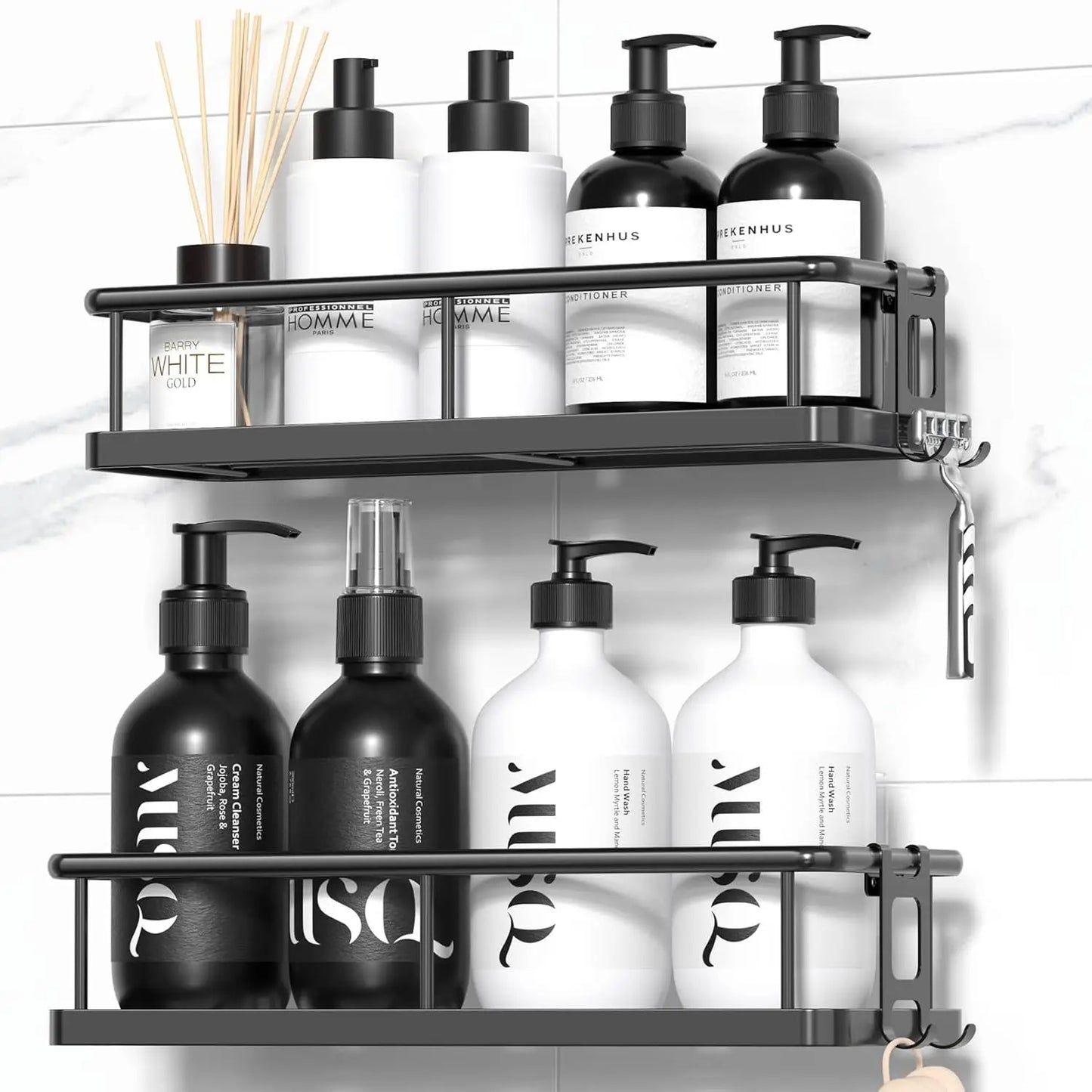 Large Adhesive Shower Caddy, Rustproof Shelves w/Hooks
