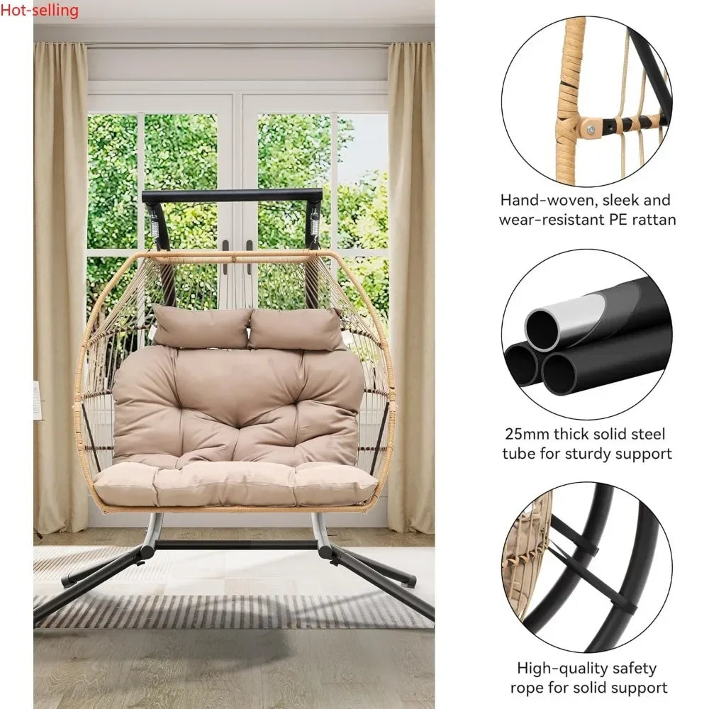 2 Person Hanging Wicker Egg Swing Chair with Stand