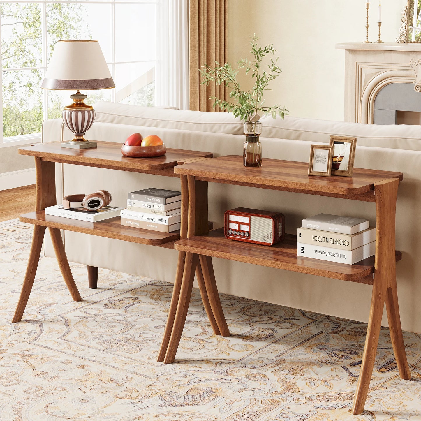 Walnut Side Table with 2-Tier Storage Shelf and Solid Wood Legs
