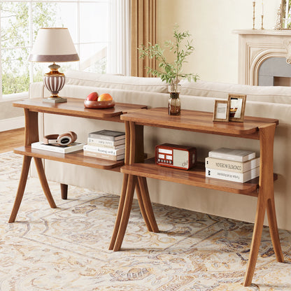 Walnut Side Table with 2-Tier Storage Shelf and Solid Wood Legs