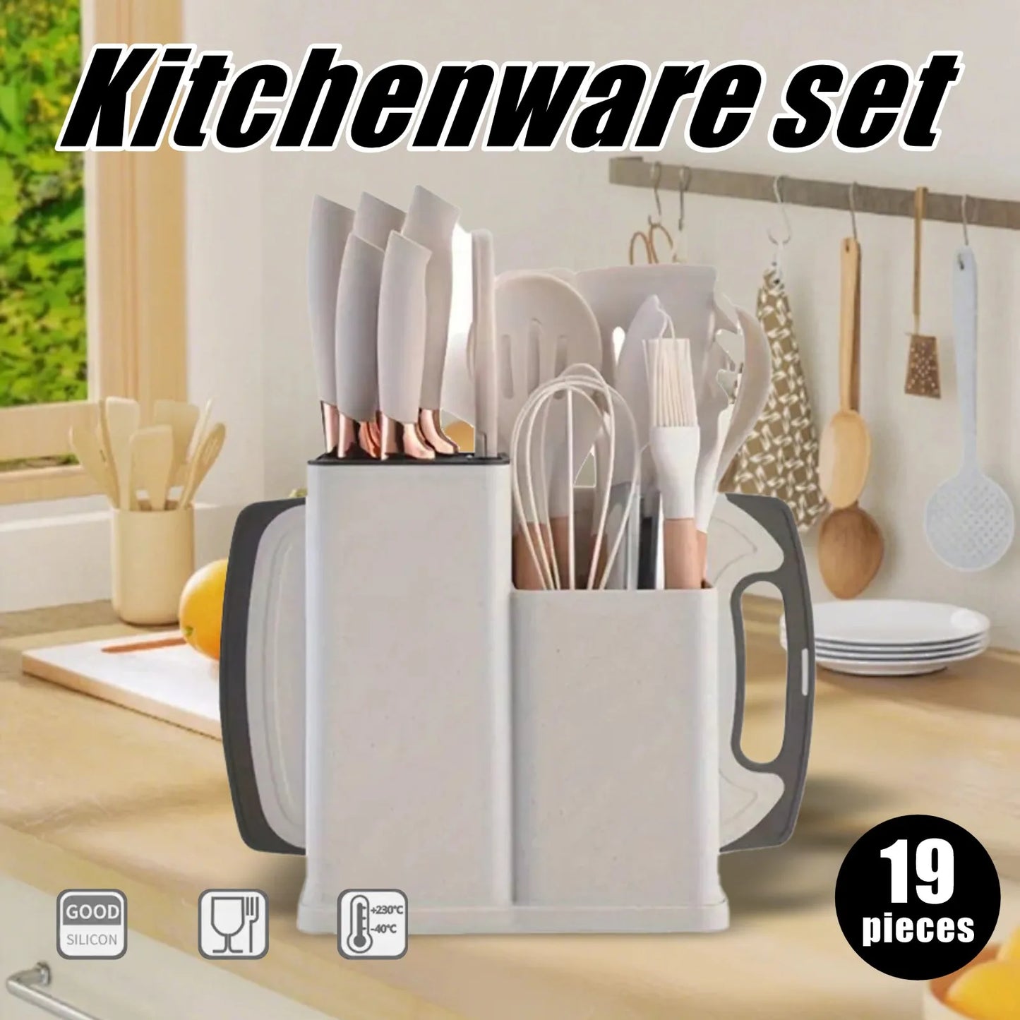 19pc Kitchen Knives and Silicone Utensils w/Holder