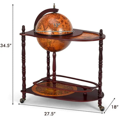 34.5" H, Wine Globe Bar Stand, Wood with Wheels,