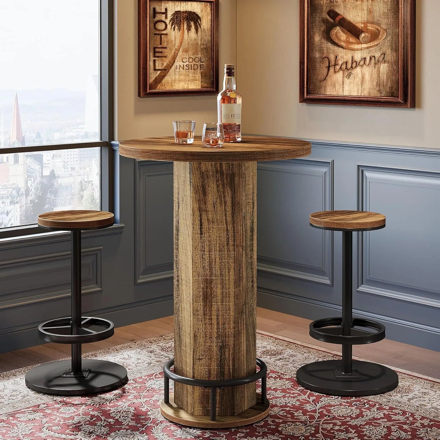 Round Bar Table, Bistro Set with 2 barstools