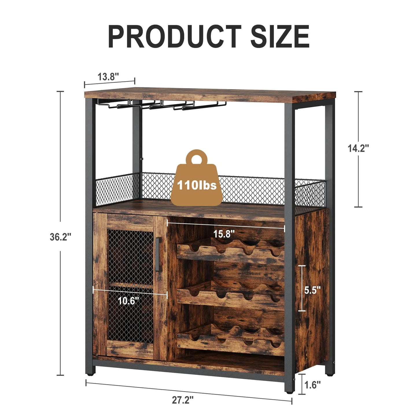 3-Tier Wine Bar Cabinet w/Adjustable Shelves & Glass Holders