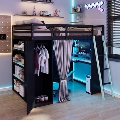 Full Wood Gaming Loft, Bed, Desk, Storage Shelves, LED, Charging