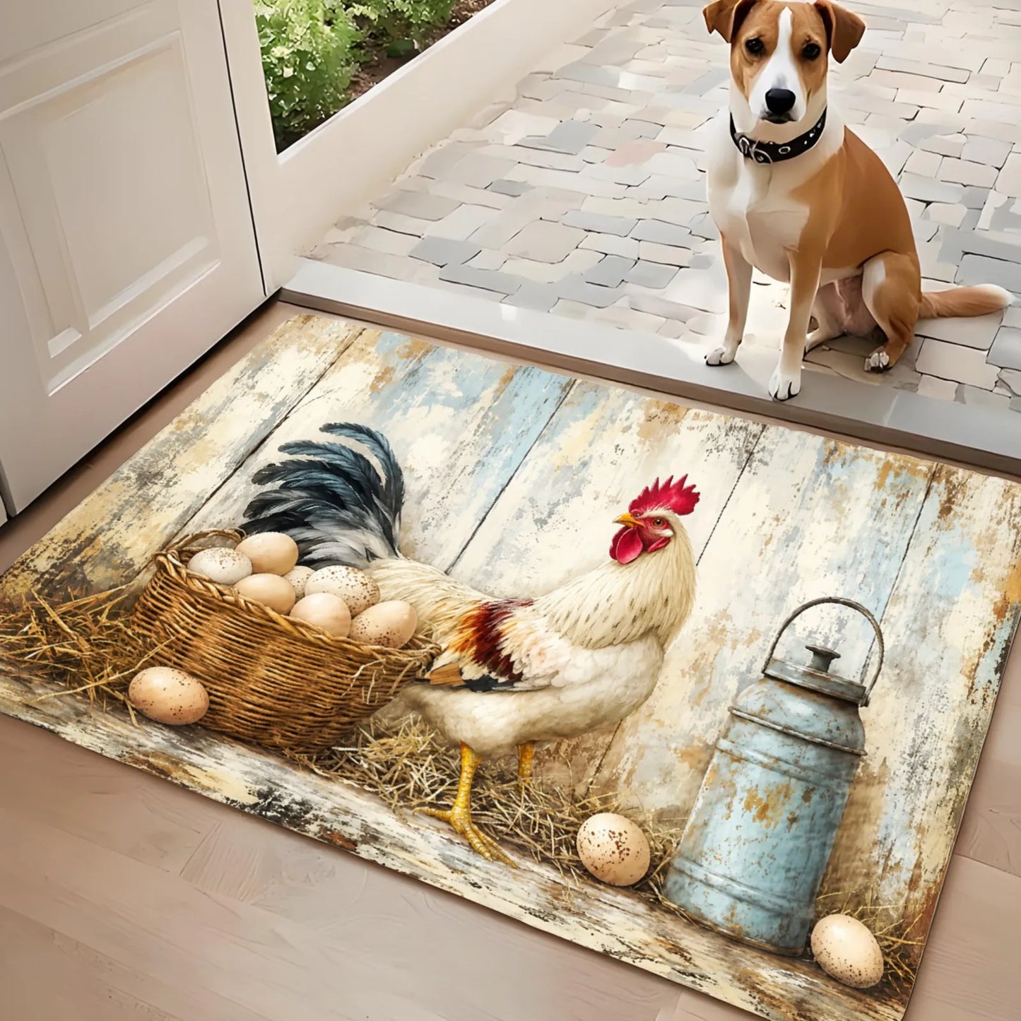 3pc Rustic Farmhouse Kitchen Rugs, Rooster, Chicken, Basket Pattern,