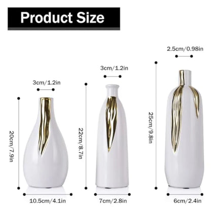 Ceramic Vase 3 Pcs Set, White and Gold Vases