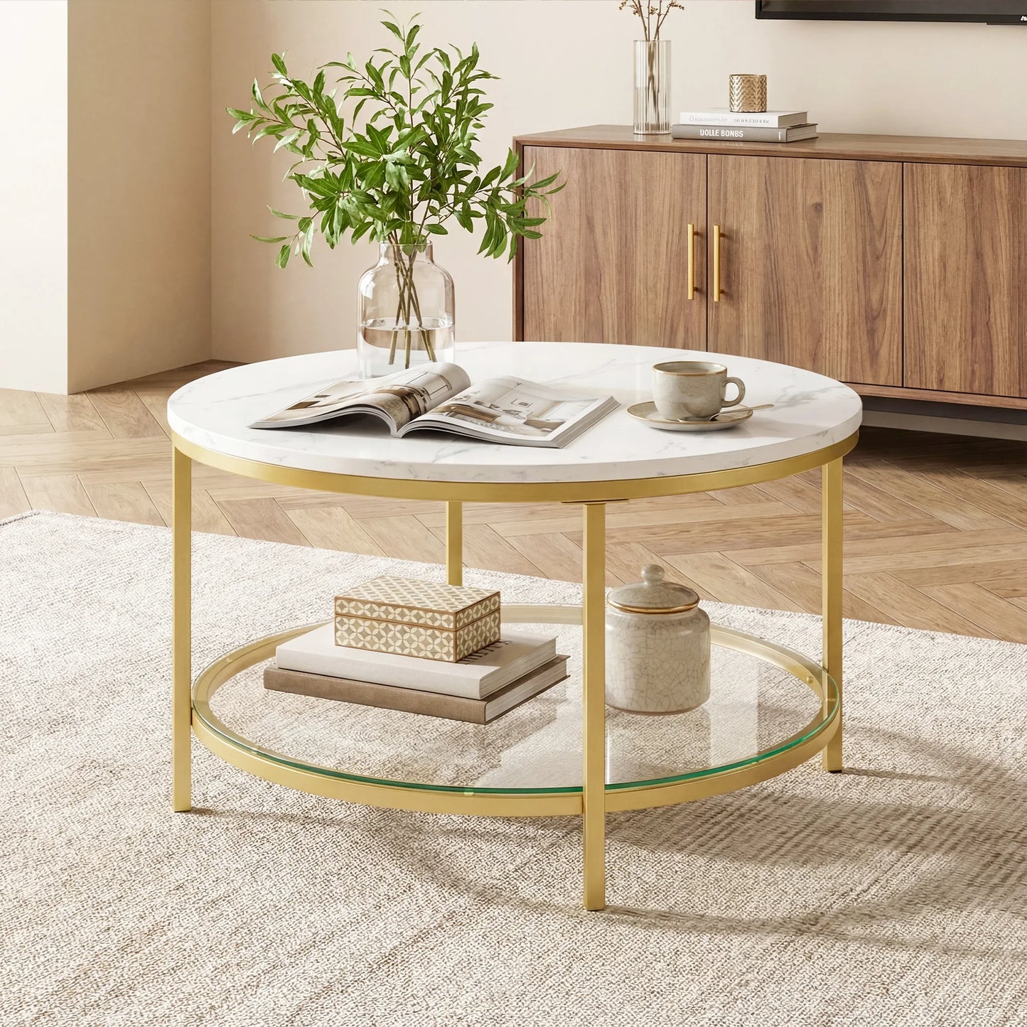 31" Modern Marble Round Coffee Table, 2-Tier