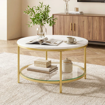 31" Modern Marble Round Coffee Table, 2-Tier