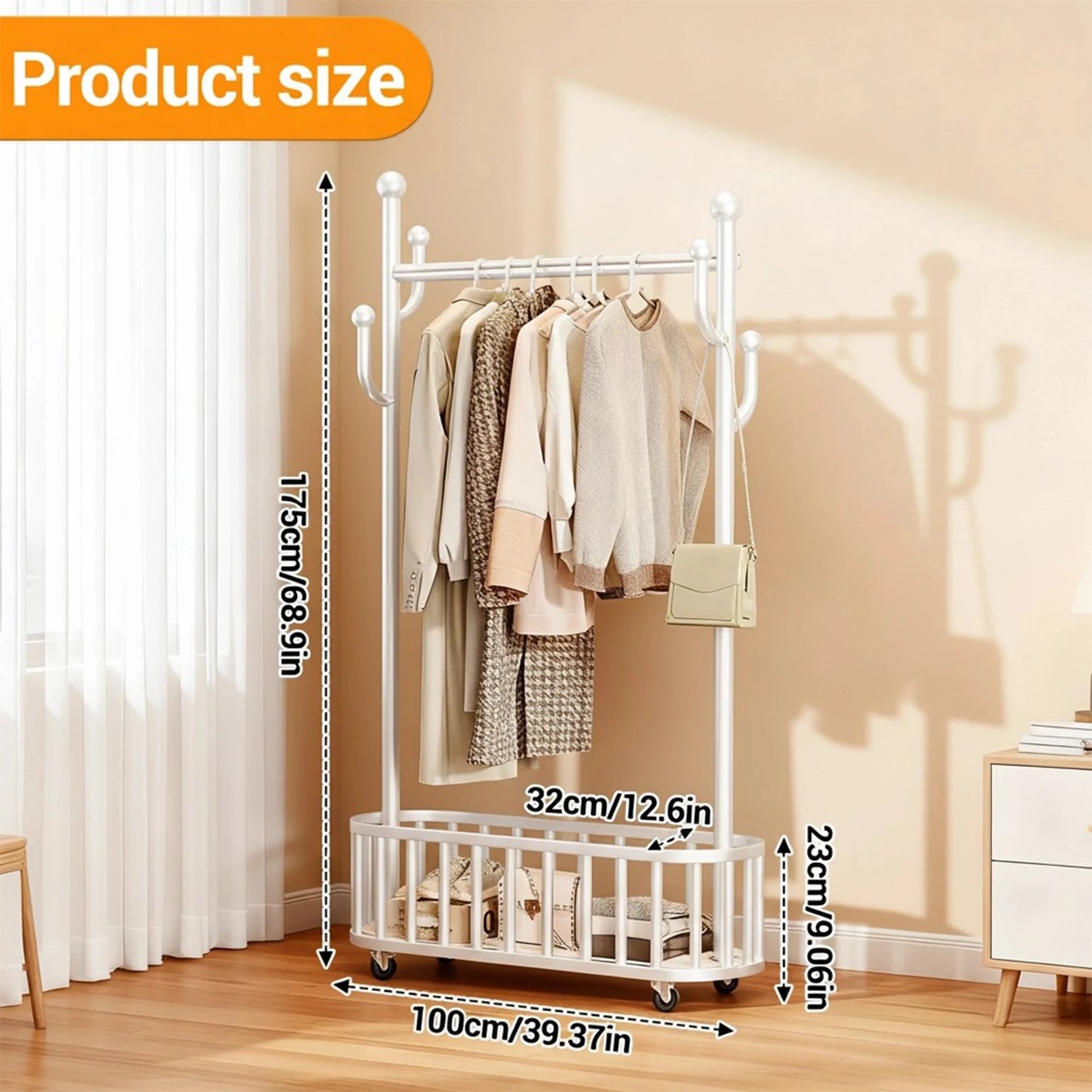 Movable Clothes Rail, Hanging Coat Rack with Storage Basket