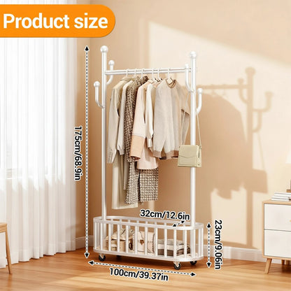 Movable Clothes Rail, Hanging Coat Rack with Storage Basket