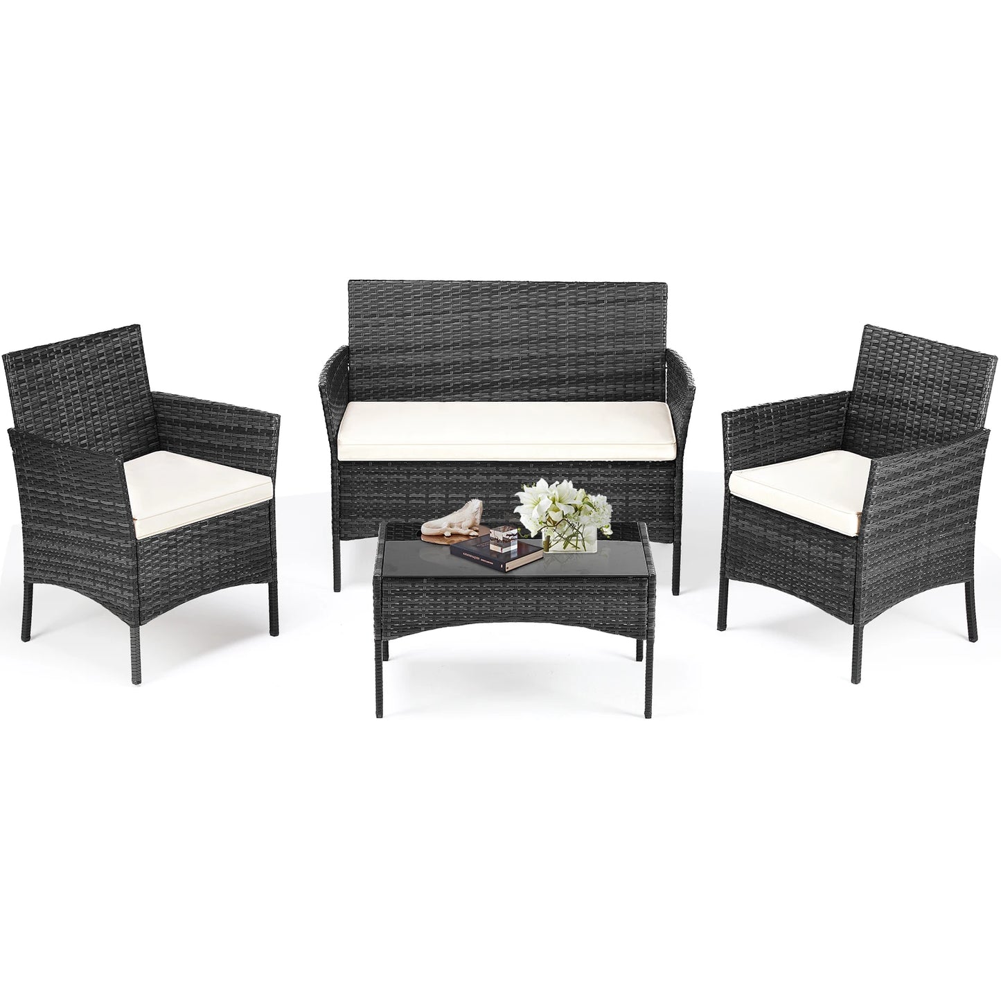 4pc Outdoor Wicker Furniture Set w/Soft Cushion and Glass Table