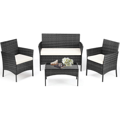4pc Outdoor Wicker Furniture Set w/Soft Cushion and Glass Table