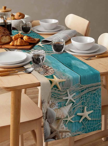 Summer Beach Starfish Shell Linen Table Runner