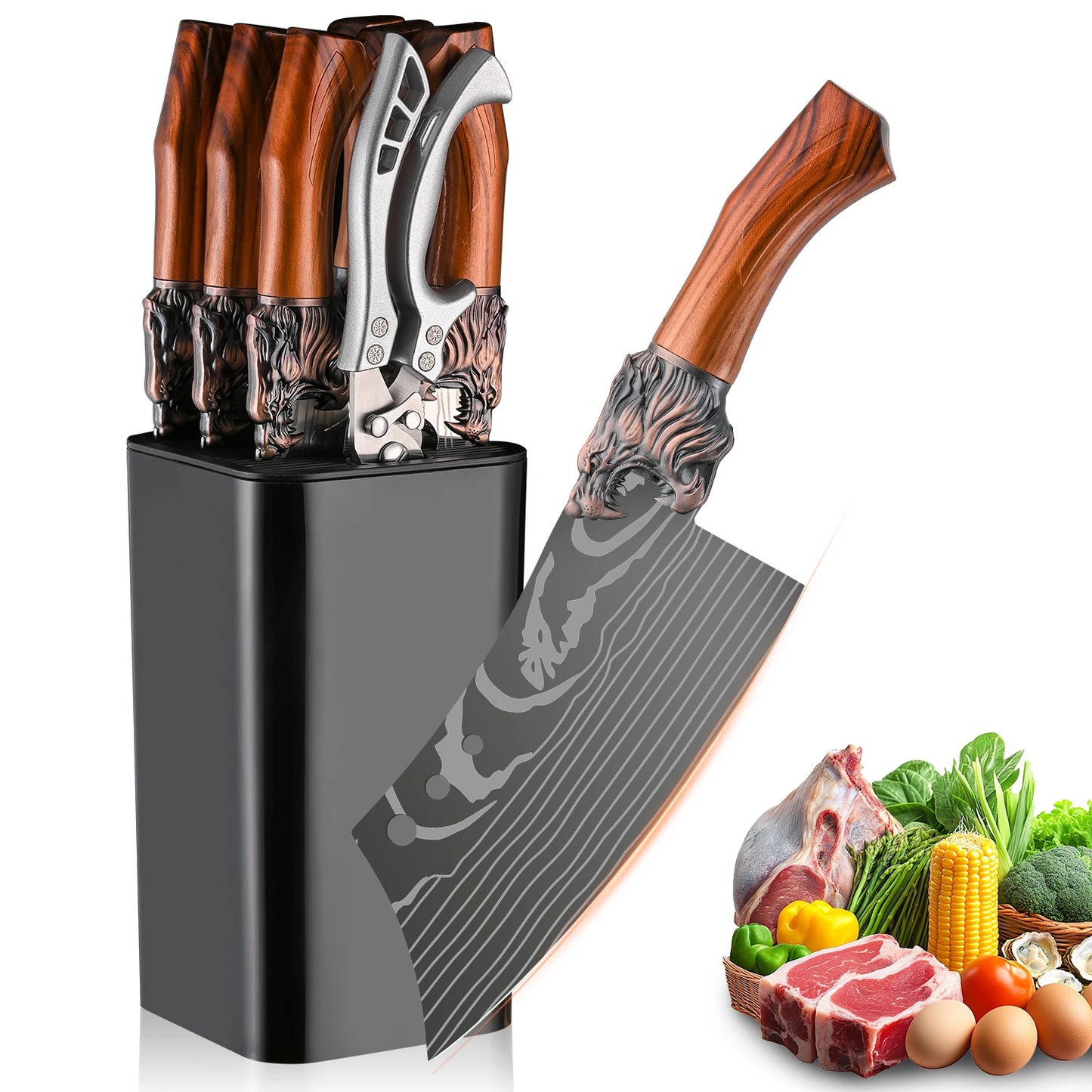 Stainless Steel Kitchen Knife Set, w/Block, Non-Slip Ergonomic Handle