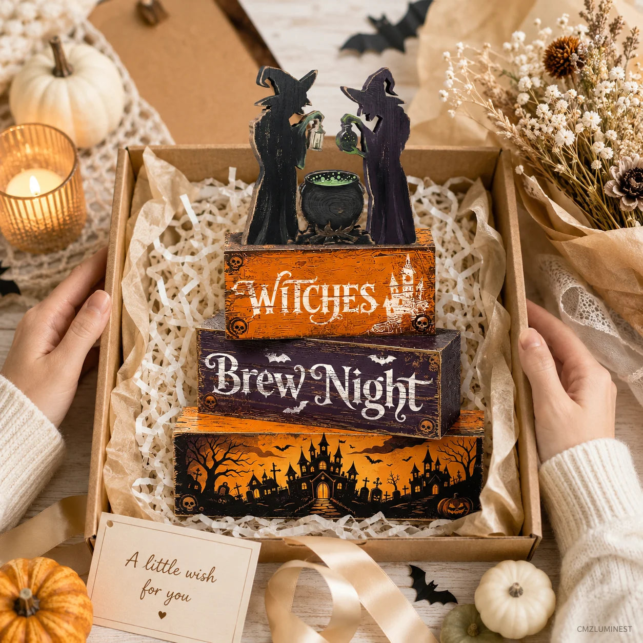 Rustic Witch Hat Table Decorations - Artificial Wood Layered Tray Centerpiece