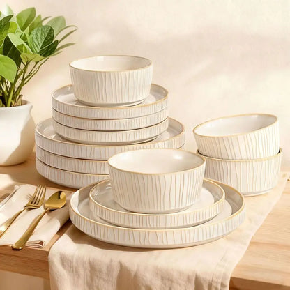 12pc Chip Resistant Stoneware, Ribbed Reactive Glaze Ceramic