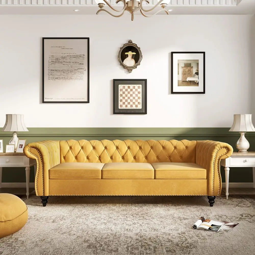 Velvet Chesterfield Sofa, Modern Tufted Couch with Rolled Arms