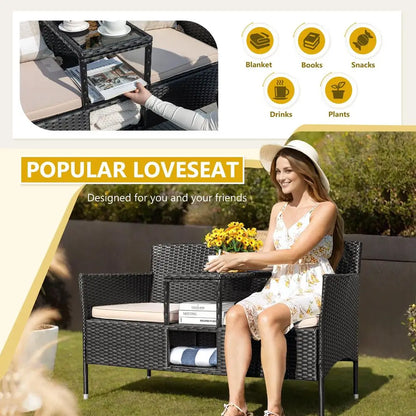 Modern Outdoor Patio Loveseat, with Cushions and Center Table