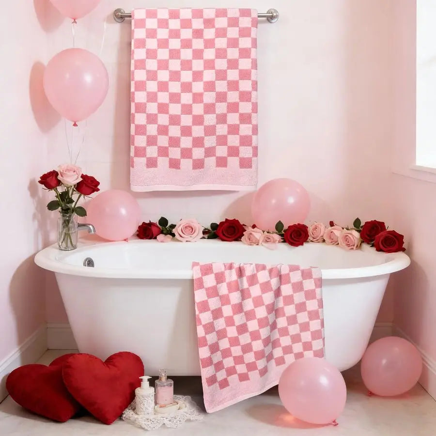 (2) 27"x55" Pink Checkered Soft Towels for Bathroom, Beach, Pool