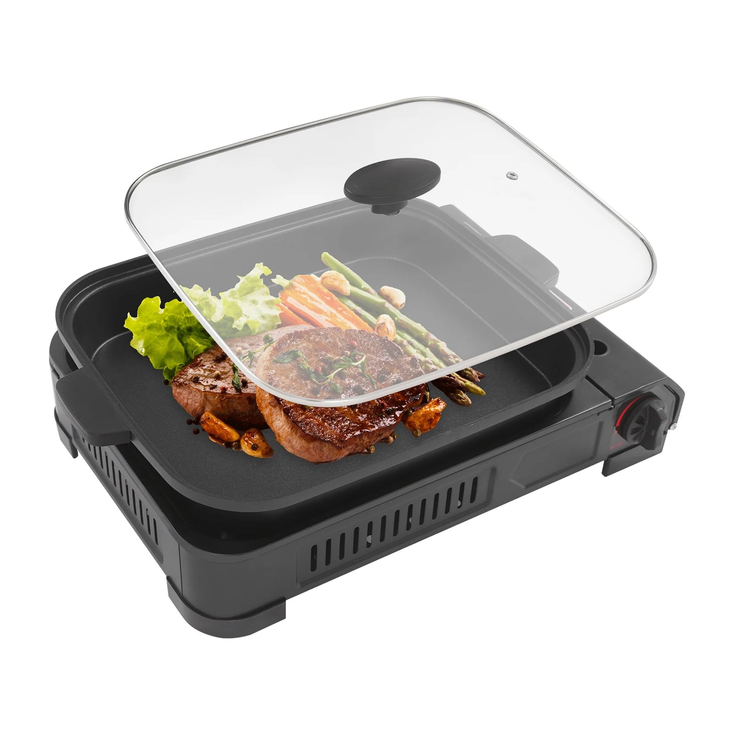 Stainless Tabletop Gas Stove w/Grill Pan and Lid, Non-stick Coating