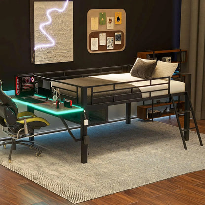 Full Wood Gaming Loft, Bed, Desk, Storage Shelves, LED, Charging