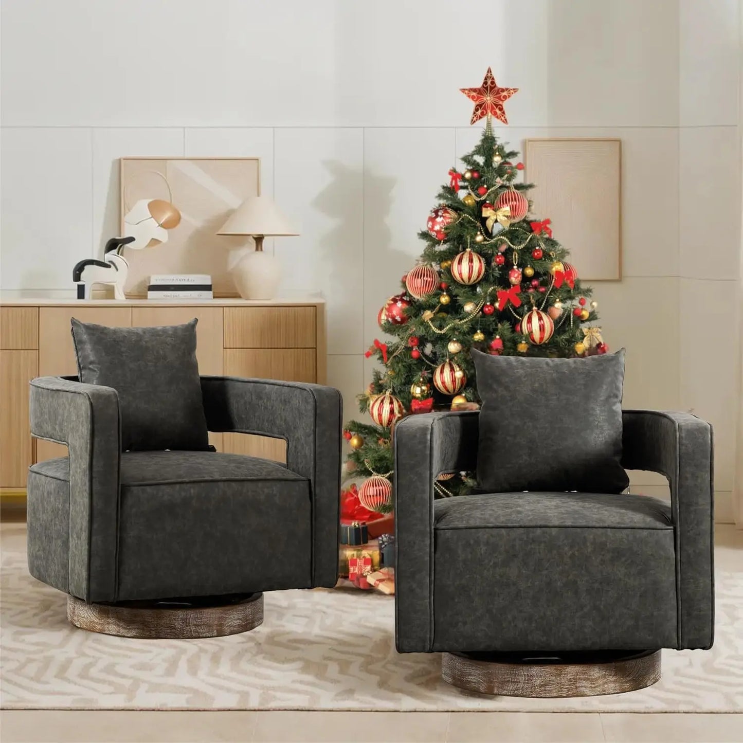 Set (2) Upholstered Swivel Accent Chair, Open Back Barrel Chair