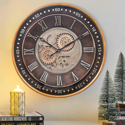 Antique Gold Roman Numeral 24" Moving Gears Wall Clock