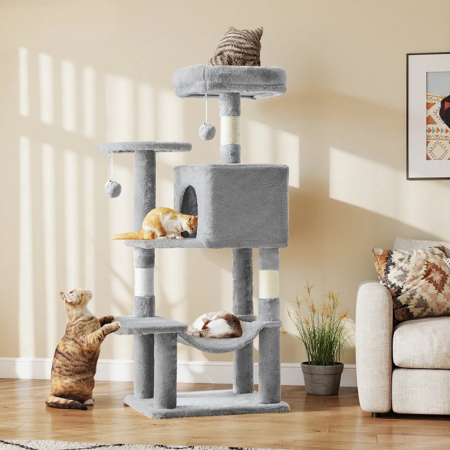 44" Stable Multi-Cat Climbing Tower, Scratching Posts, Beds