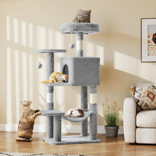 44" Stable Multi-Cat Climbing Tower, Scratching Posts, Beds