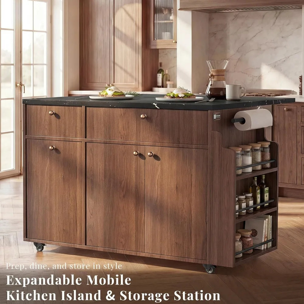 Large 52" Rolling Kitchen Island w/Drop Leaf, Hidden Trash Can