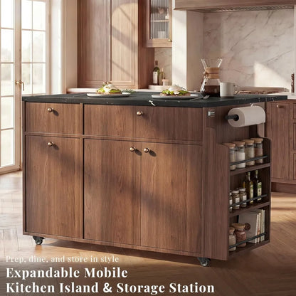 Large 52" Rolling Kitchen Island w/Drop Leaf, Hidden Trash Can