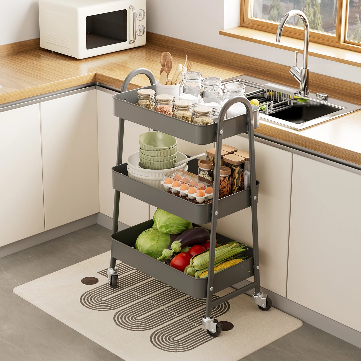 3 Tier Metal Storage Kitchen Cart with Lockable Wheels