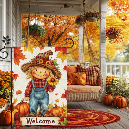 Fall Pumpkin Scarecrow Garden Flag, 12"x18" Double Sided Burlap